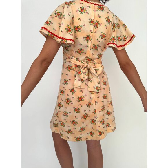 70s vintage handmade pink orange floral print cute coquette midi summer dress - Picture 3 of 9